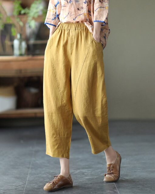 Loose Stitching Solid Color Elastic Waist Cropped Harem Pants - Image 23