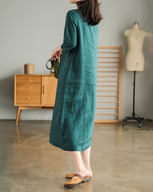 Loose Stitching Solid Color V-neck Half-sleeved Mid-length Dress - Image 12