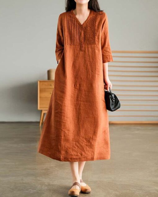 Loose Stitching Solid Color V-neck Half-sleeved Mid-length Dress - Image 3