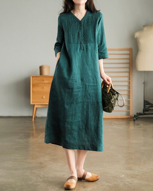 Loose Stitching Solid Color V-neck Half-sleeved Mid-length Dress - Image 10