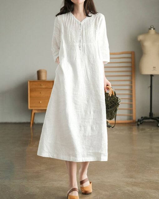 Loose Stitching Solid Color V-neck Half-sleeved Mid-length Dress - Image 4