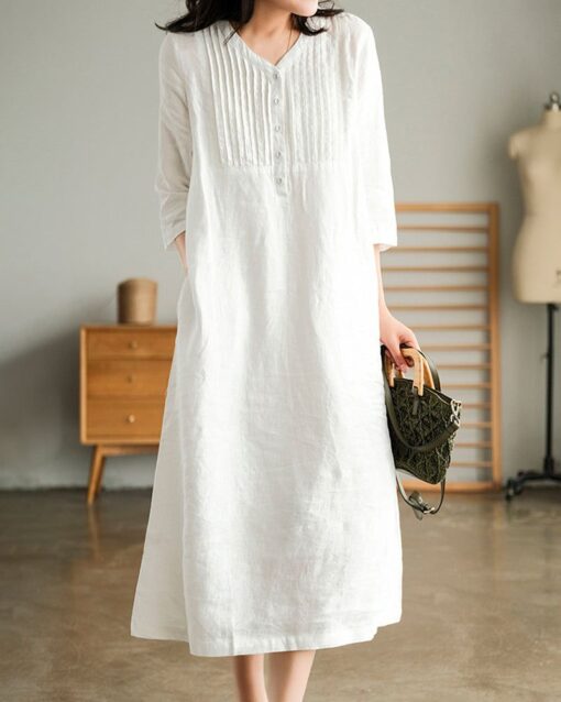 Loose Stitching Solid Color V-neck Half-sleeved Mid-length Dress - Image 9