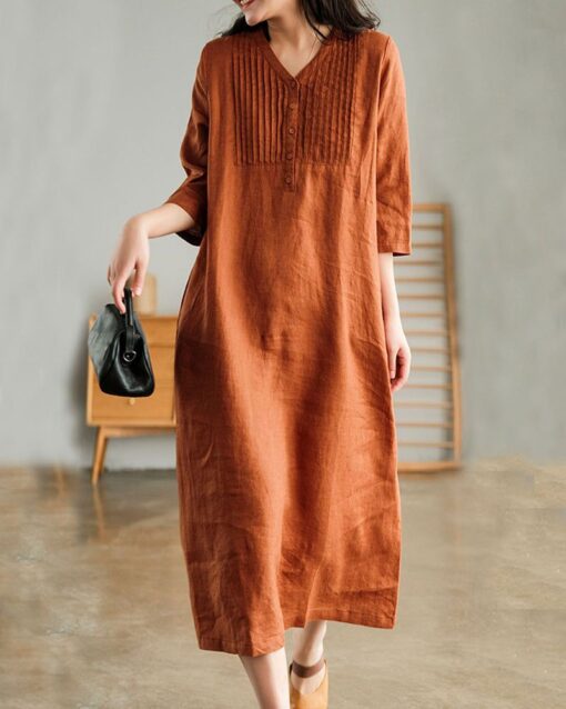 Loose Stitching Solid Color V-neck Half-sleeved Mid-length Dress