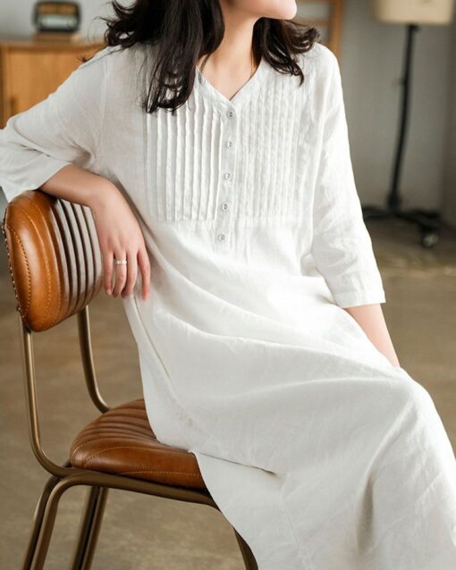 Loose Stitching Solid Color V-neck Half-sleeved Mid-length Dress - Image 5