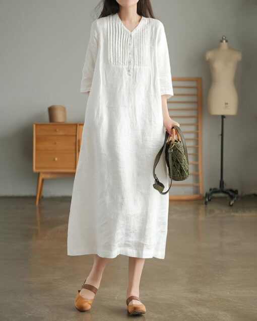 Loose Stitching Solid Color V-neck Half-sleeved Mid-length Dress - Image 7