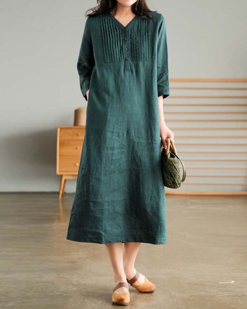 Loose Stitching Solid Color V-neck Half-sleeved Mid-length Dress - Image 14