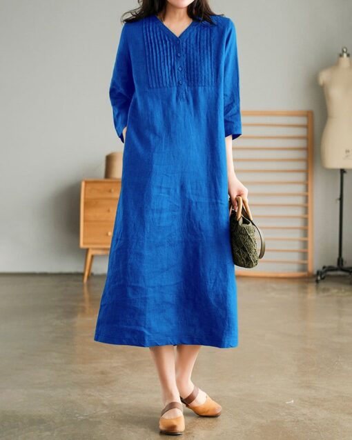 Loose Stitching Solid Color V-neck Half-sleeved Mid-length Dress - Image 16