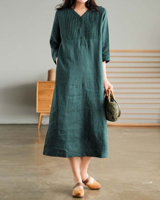 Loose Stitching Solid Color V-neck Half-sleeved Mid-length Dress - Image 15