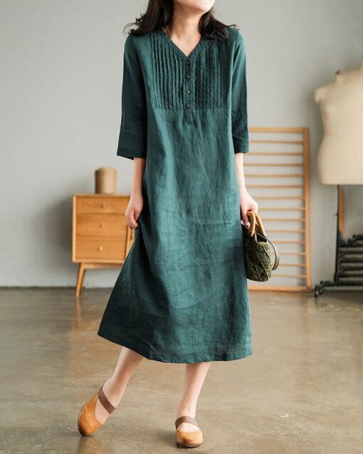 Loose Stitching Solid Color V-neck Half-sleeved Mid-length Dress - Image 13