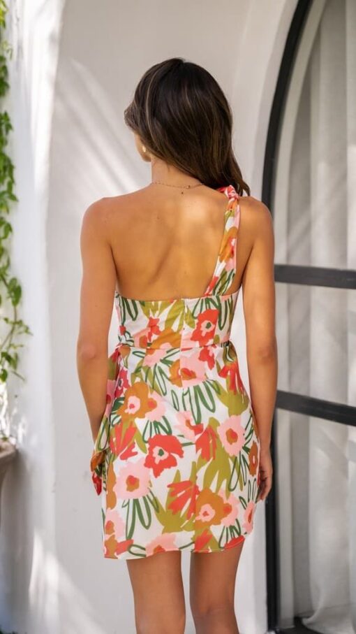 One Shoulder Floral Print Ruched Tie Wedding Party Mini Dresses - Image 9