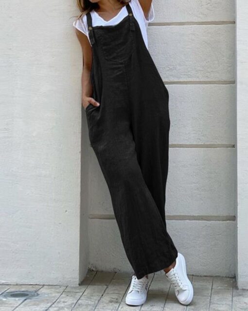 Overalls Jumpsuits Plain Casual Loose Long Bib Harem Pants Rompers with Pocket - Image 3