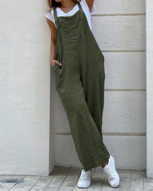 Overalls Jumpsuits Plain Casual Loose Long Bib Harem Pants Rompers with Pocket - Image 2