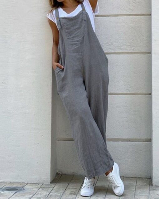 Overalls Jumpsuits Plain Casual Loose Long Bib Harem Pants Rompers with Pocket - Image 5