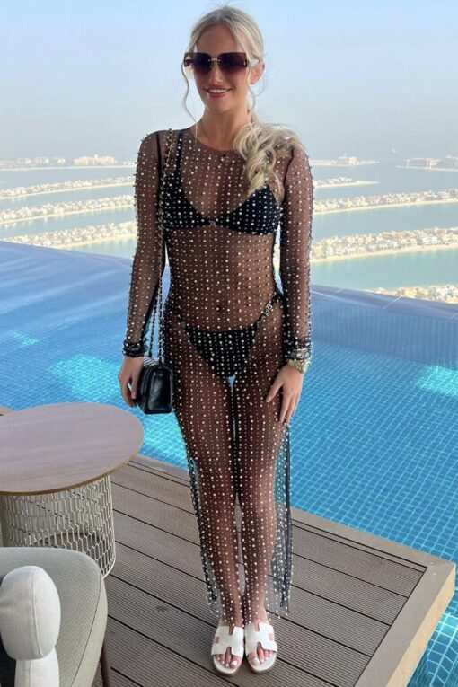 Pearl Rhinestone Sheer Mesh Cover Ups Maxi Dresses