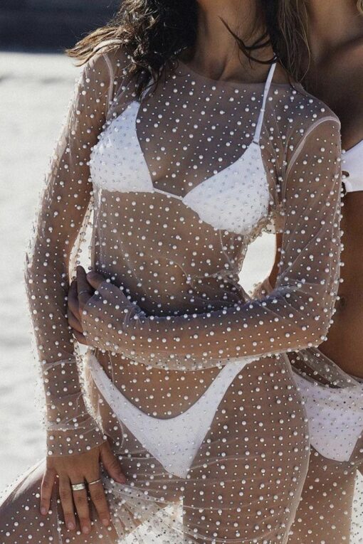 Pearl Rhinestone Sheer Mesh Cover Ups Maxi Dresses - Image 8