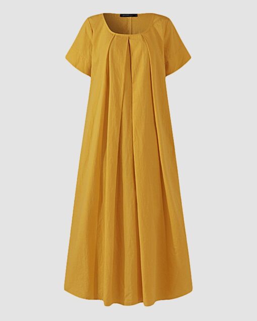 Plain O-Neck Pleated Big Swing Short Sleeve A-Line Midi Dress - Image 2