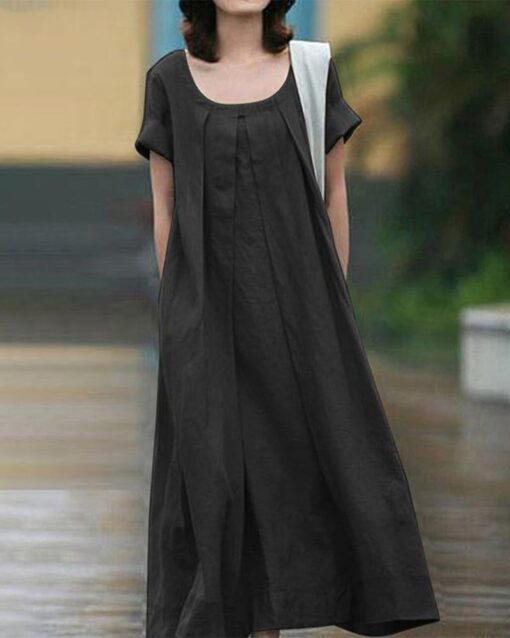 Plain O-Neck Pleated Big Swing Short Sleeve A-Line Midi Dress - Image 4