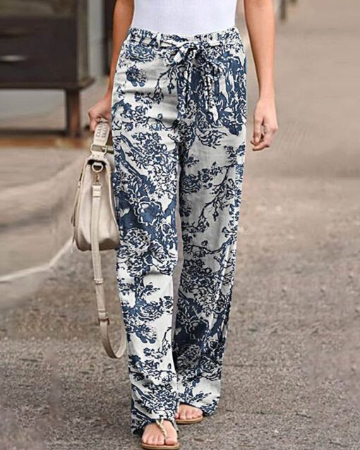 Plus Size Floral Print Tightness Linen Trousers Pocket Casual Pants - Image 2