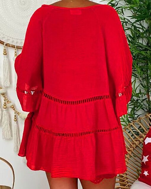 Plus Size Solid Hollow Out V-Neck Pullover Tops Shirt Dresses - Image 3