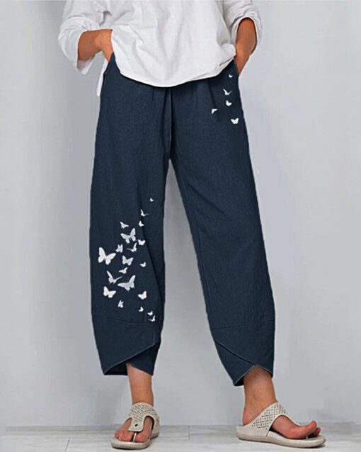 Pocket Printed Linen Loose Pants Elastic Casual Wide-Leg Cropped Pants - Image 8