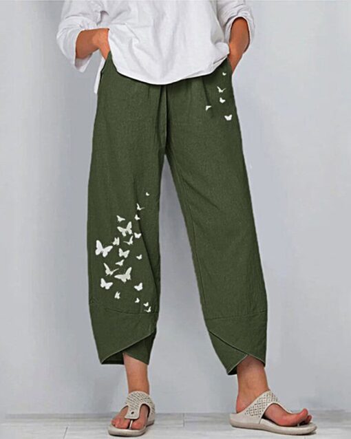 Pocket Printed Linen Loose Pants Elastic Casual Wide-Leg Cropped Pants - Image 3