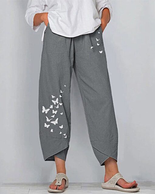 Pocket Printed Linen Loose Pants Elastic Casual Wide-Leg Cropped Pants - Image 4