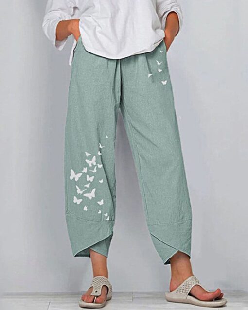 Pocket Printed Linen Loose Pants Elastic Casual Wide-Leg Cropped Pants - Image 7