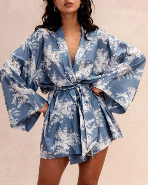 Printed Strappy Long-sleeved Cardigan Shirt Shorts Set Casual Pants Set