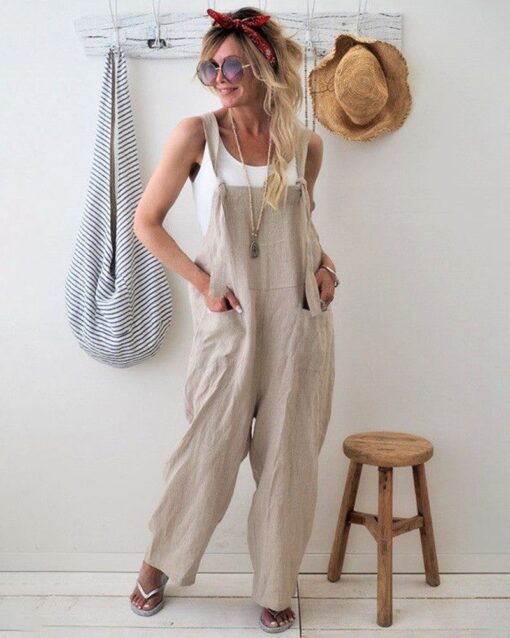 Retro Dungarees Summer Pants Jumpsuits Overalls Playsuit Bib Pants Linen Casual Loose Jumpsuit