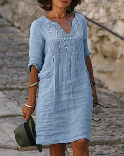 Retro V-Neck Tunic Dress Ruched Short Sleeve Loose Pleated Sundress - Image 2