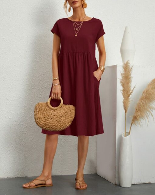 Round Neck Short Sleeve High Waist Dresses Solid Color Casual Holiday Beach Party Sundress - Image 4