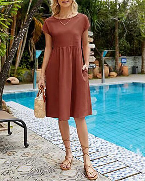 Round Neck Short Sleeve High Waist Dresses Solid Color Casual Holiday Beach Party Sundress - Image 7