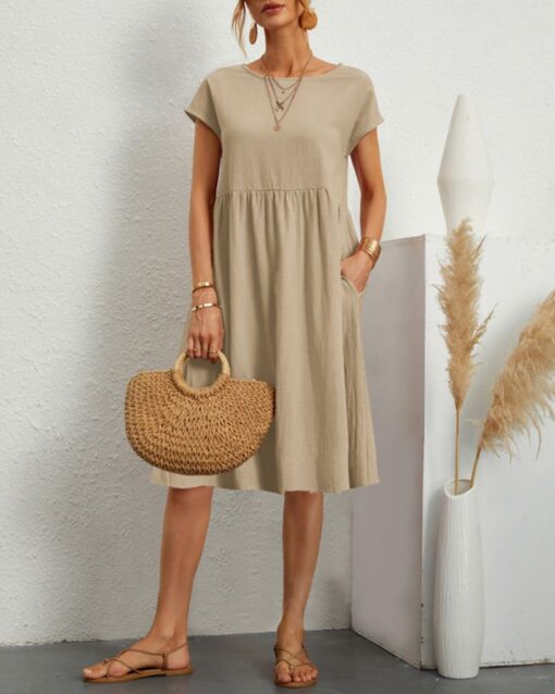 Round Neck Short Sleeve High Waist Dresses Solid Color Casual Holiday Beach Party Sundress - Image 3