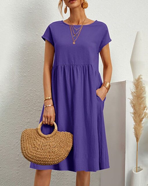 Round Neck Short Sleeve High Waist Dresses Solid Color Casual Holiday Beach Party Sundress - Image 8