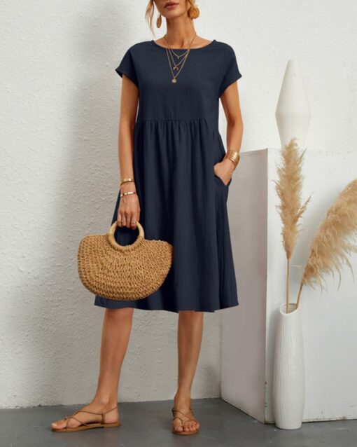 Round Neck Short Sleeve High Waist Dresses Solid Color Casual Holiday Beach Party Sundress - Image 9