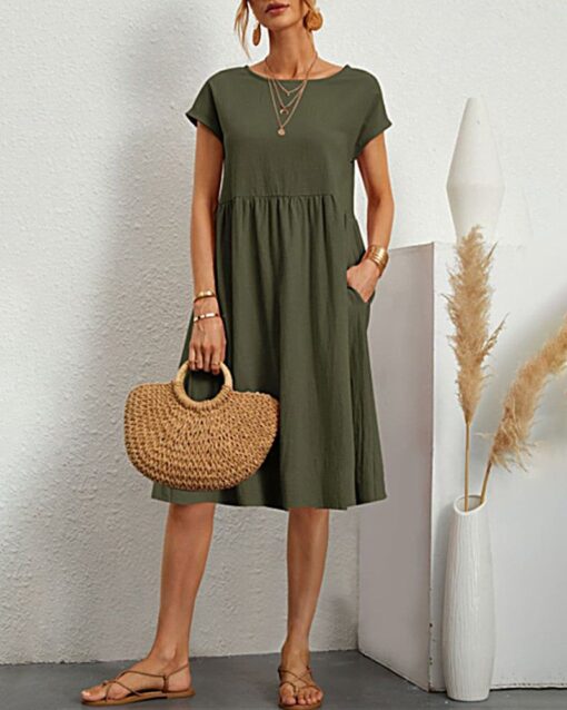 Round Neck Short Sleeve High Waist Dresses Solid Color Casual Holiday Beach Party Sundress