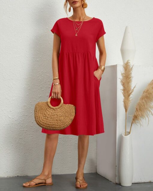 Round Neck Short Sleeve High Waist Dresses Solid Color Casual Holiday Beach Party Sundress - Image 6