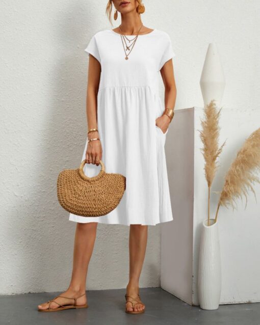 Round Neck Short Sleeve High Waist Dresses Solid Color Casual Holiday Beach Party Sundress - Image 5