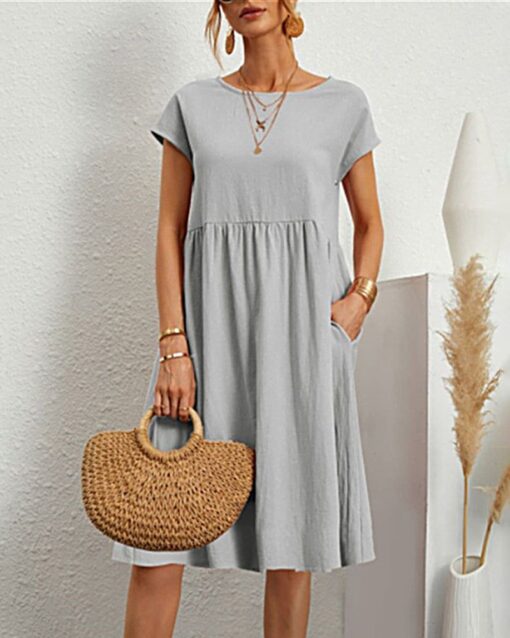 Round Neck Short Sleeve High Waist Dresses Solid Color Casual Holiday Beach Party Sundress - Image 2