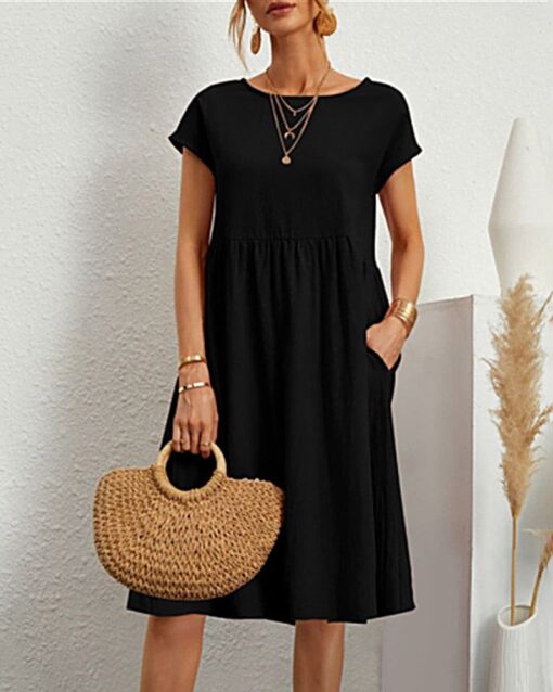 Round Neck Short Sleeve High Waist Dresses Solid Color Casual Holiday Beach Party Sundress - Image 19