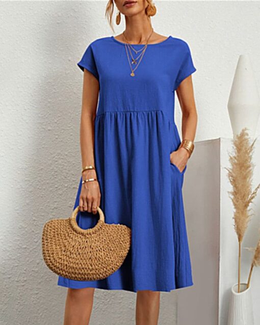 Round Neck Short Sleeve High Waist Dresses Solid Color Casual Holiday Beach Party Sundress - Image 10