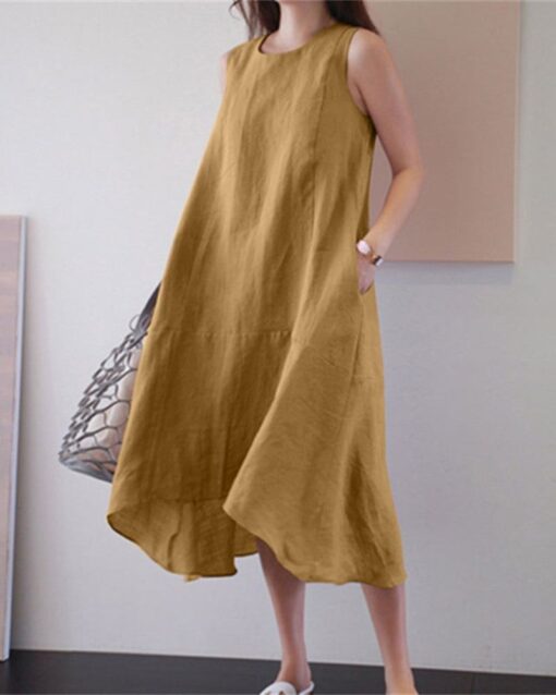 Round Neck Sleeveless Loose Solid Color Long Swing Dress