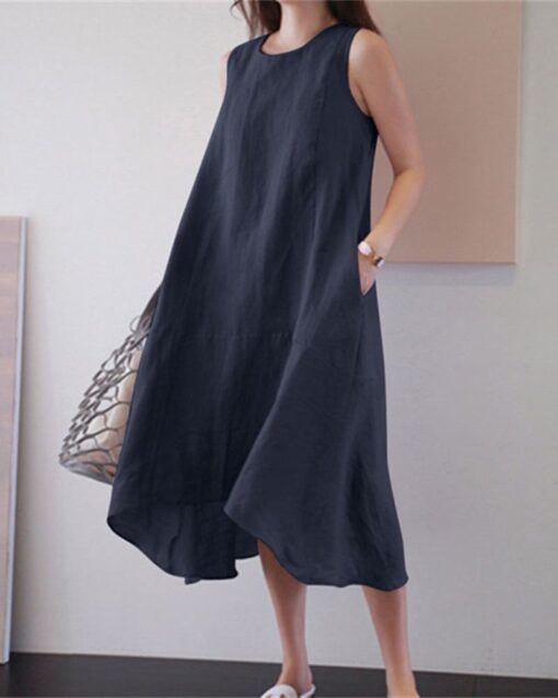 Round Neck Sleeveless Loose Solid Color Long Swing Dress - Image 2