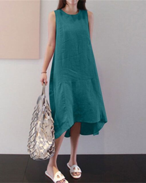 Round Neck Sleeveless Loose Solid Color Long Swing Dress - Image 7