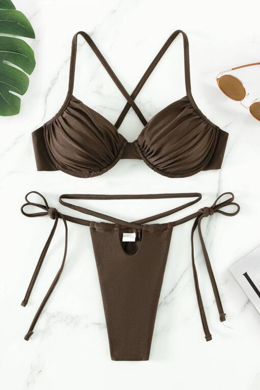 Ruched Cross Tied Strap Two Piece Bikini Set - Image 4