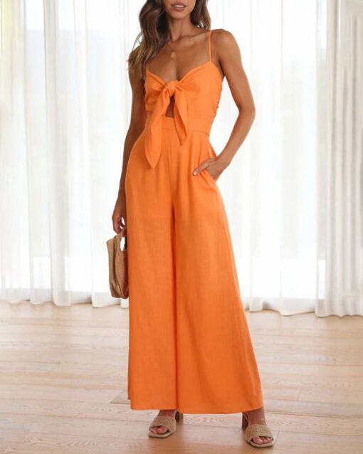 Ruffle Straps Crisscross Back Knot Front Slip Jumpsuit - Image 5