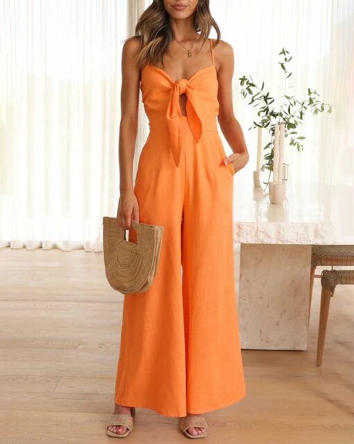 Ruffle Straps Crisscross Back Knot Front Slip Jumpsuit - Image 7