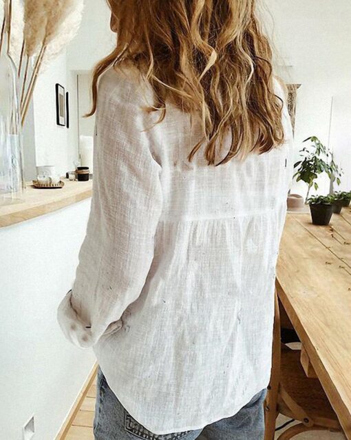 Shirts Long Sleeve Button Down Lapel Tops Solid Color Loose Comfy Blouses - Image 3