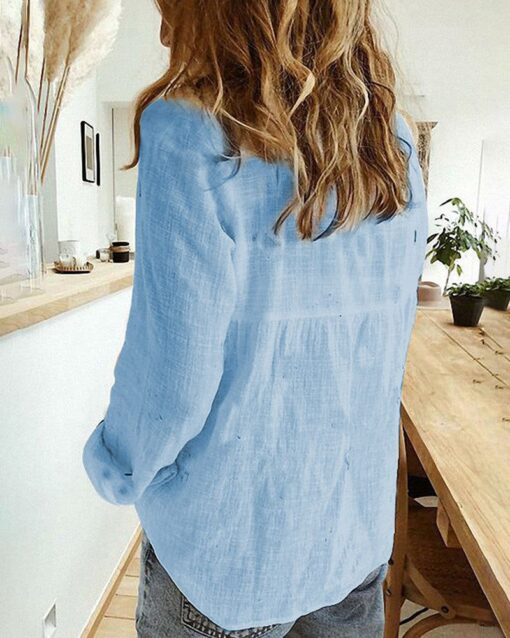 Shirts Long Sleeve Button Down Lapel Tops Solid Color Loose Comfy Blouses - Image 9