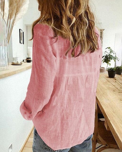 Shirts Long Sleeve Button Down Lapel Tops Solid Color Loose Comfy Blouses - Image 6